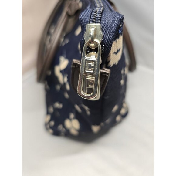 Chaps Navy Blue Floral Tote Bag With Brown Handles & Zipper Closure - Picture 5 of 16